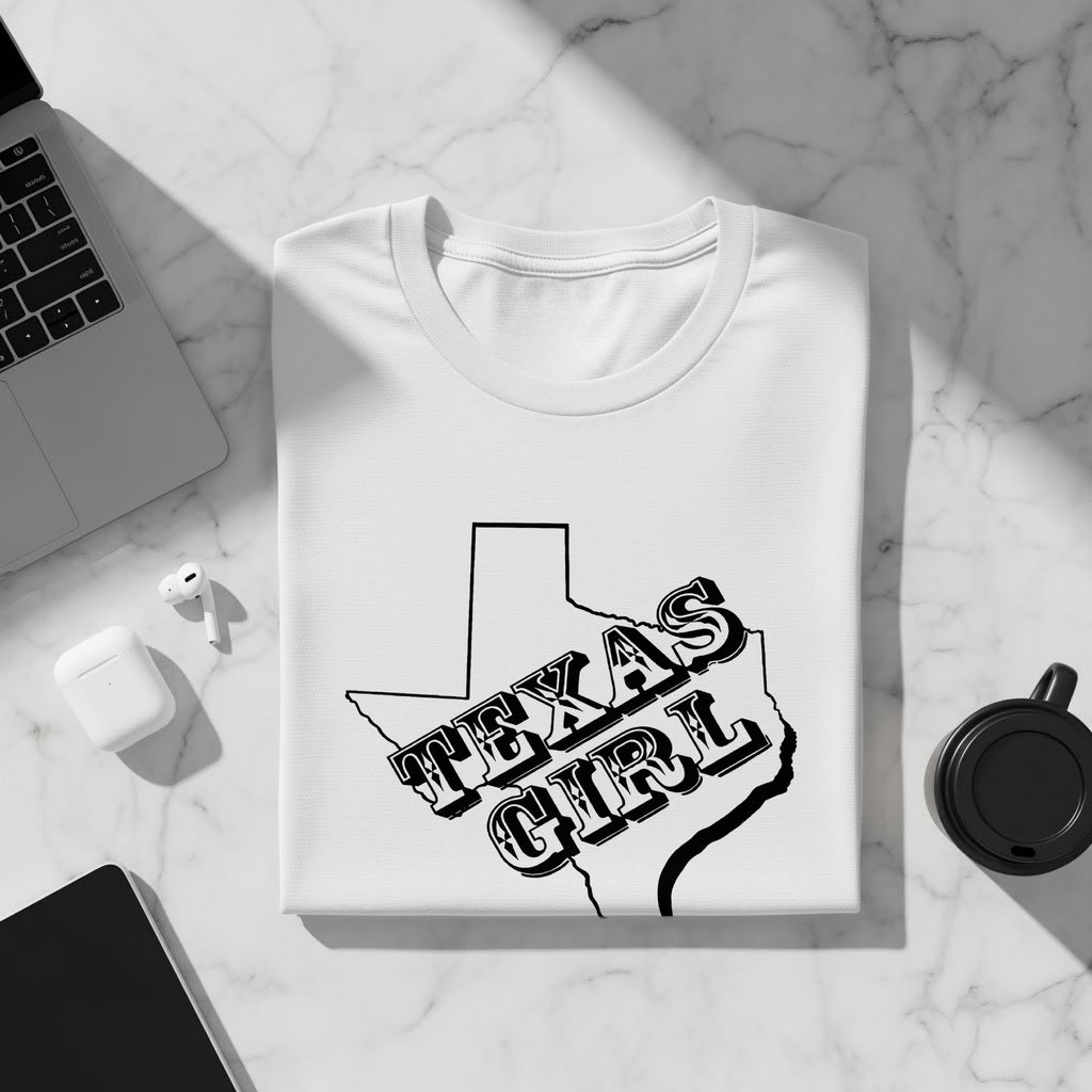 White t-shirt with "Texas Girl" text overlay on a Texas outline.