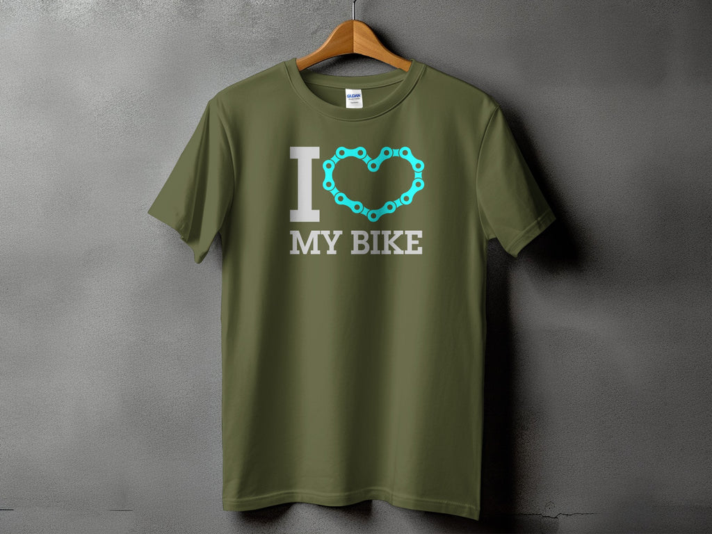 Olive green t-shirt with "I ♡ MY BIKE" graphic featuring a bicycle chain heart.