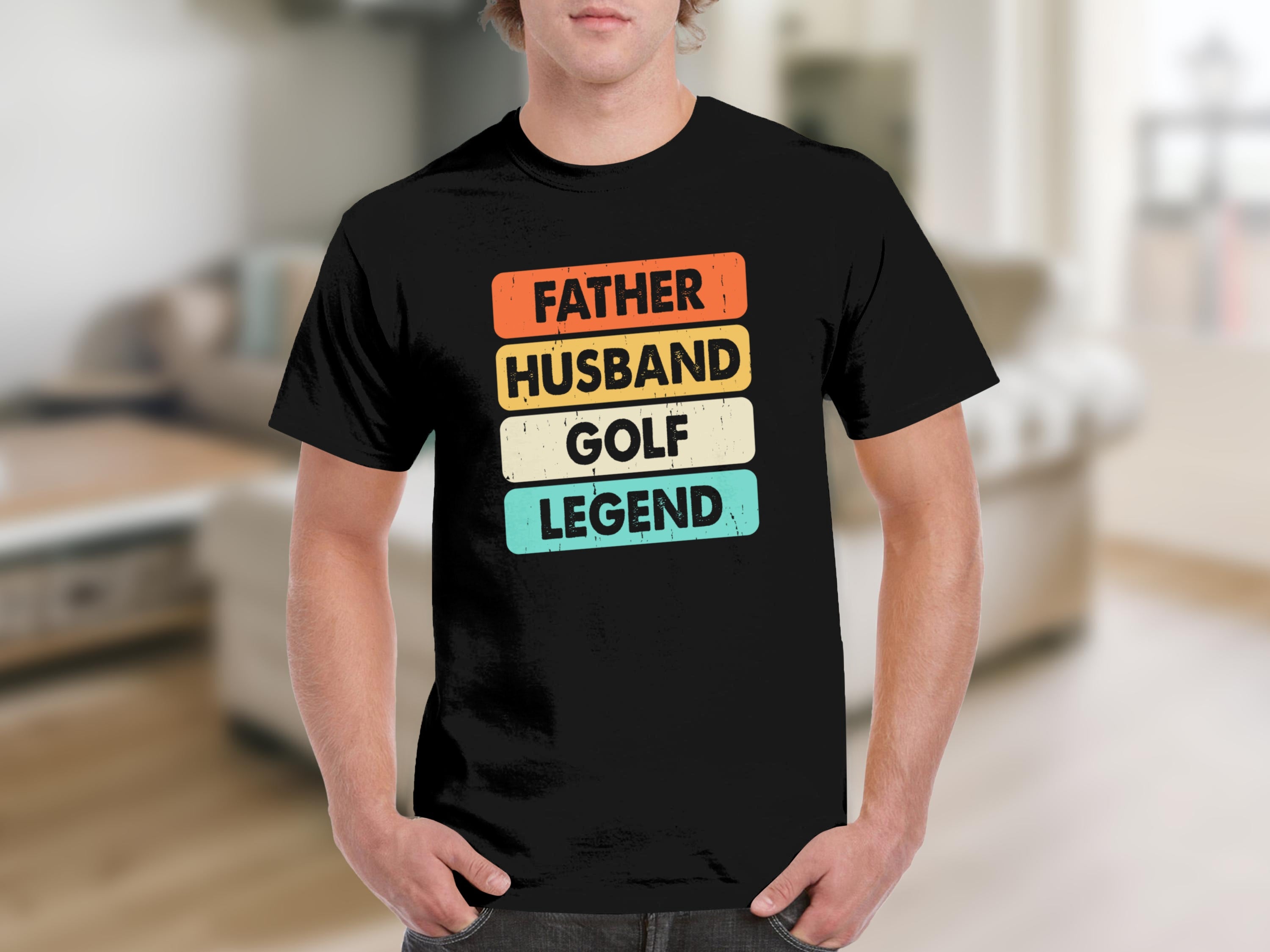 Black t-shirt with "Father Husband Golf Legend" text in colorful retro style.