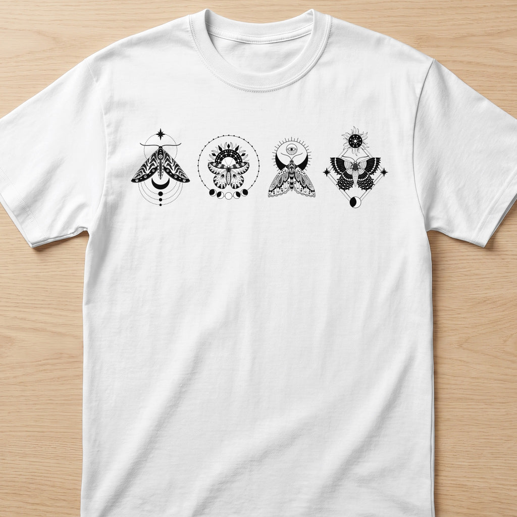 White t-shirt with black moth and celestial graphic designs.