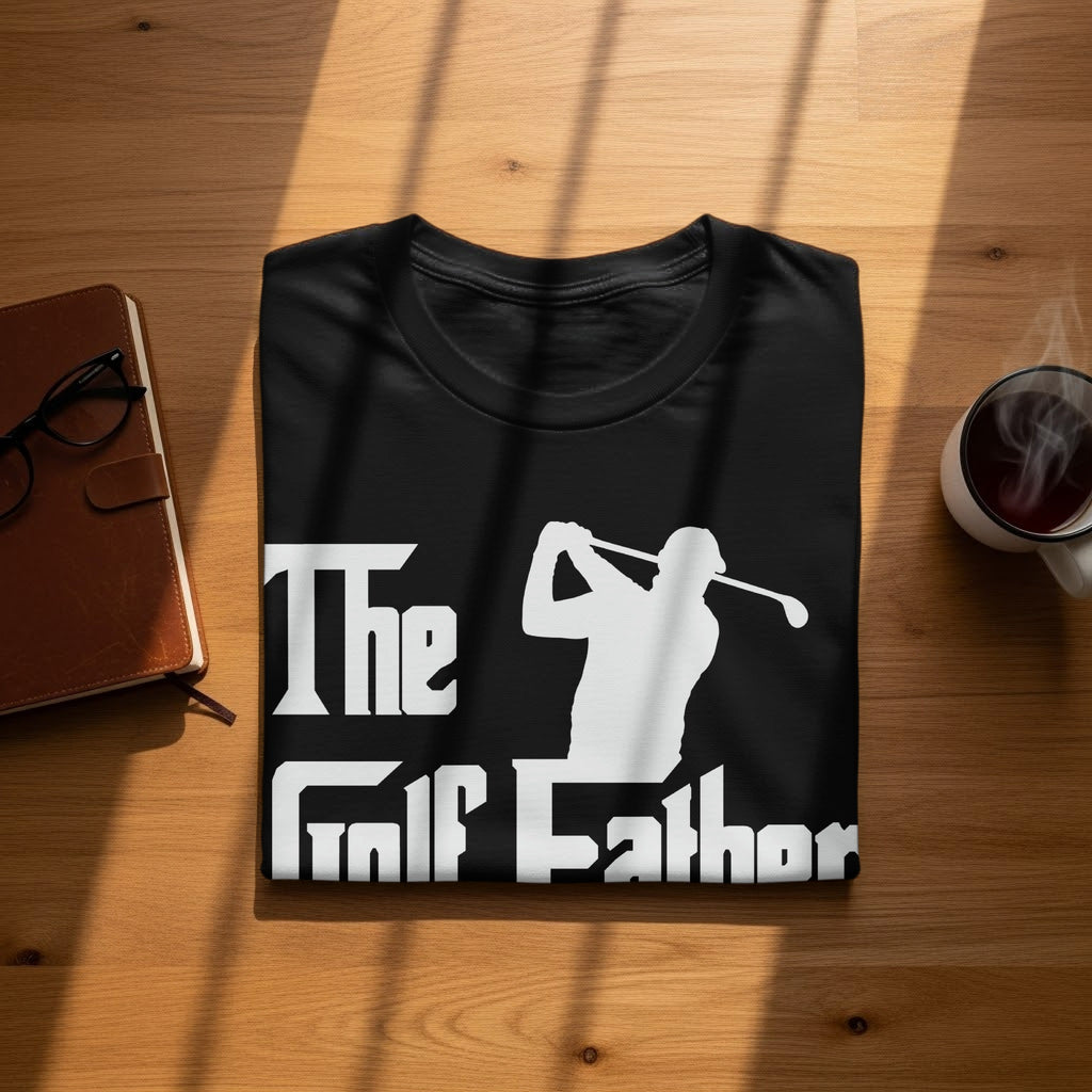 Black t-shirt with white graphic and text: "The Golf Father".