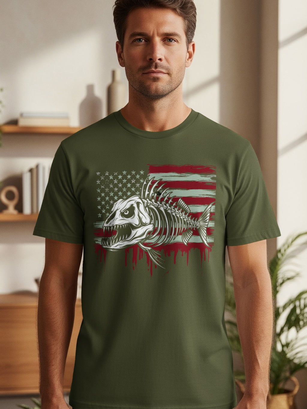 Green t-shirt with graphic of fish skeleton over distressed American flag.