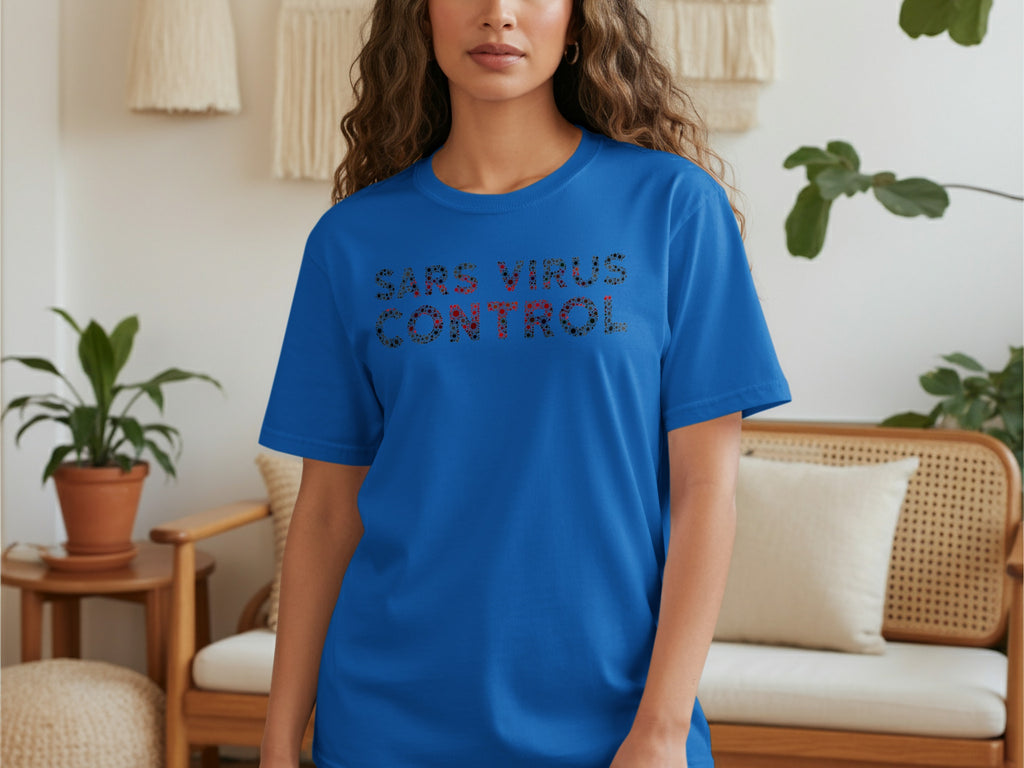 Royal blue t-shirt with speckled "SARS VIRUS CONTROL" text design.