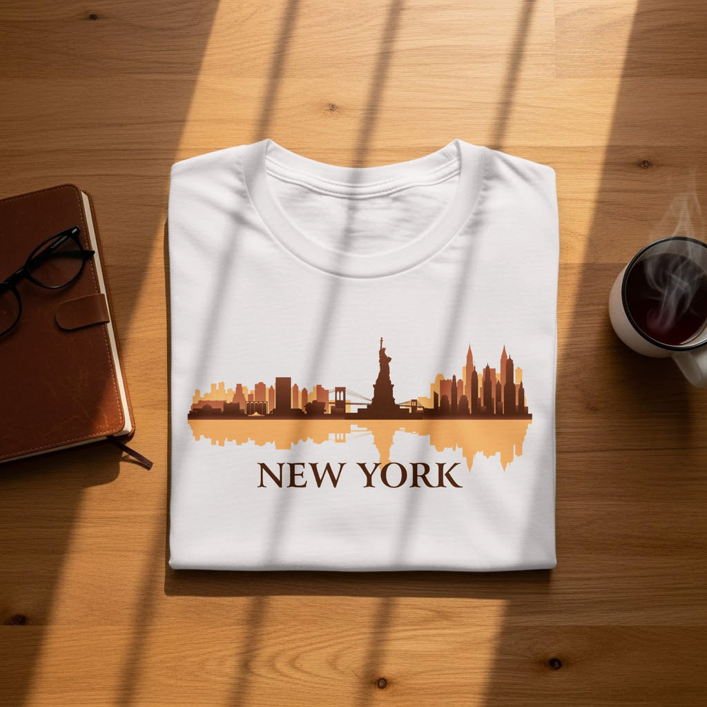 White t-shirt with New York skyline graphic and "NEW YORK" text.