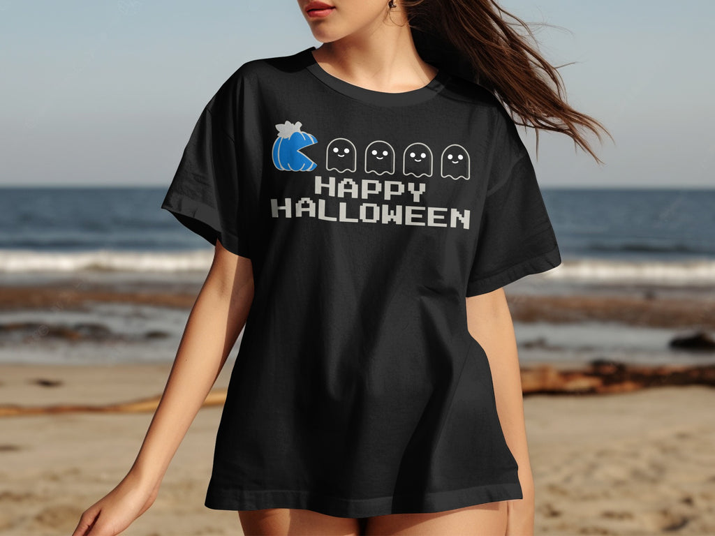 Black t-shirt with Pac-Man and ghosts graphic saying "Happy Halloween".