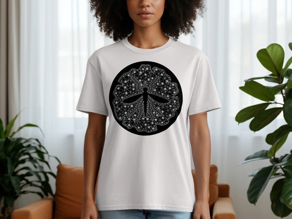 White t-shirt with a black circular graphic featuring a geometric style dragonfly.