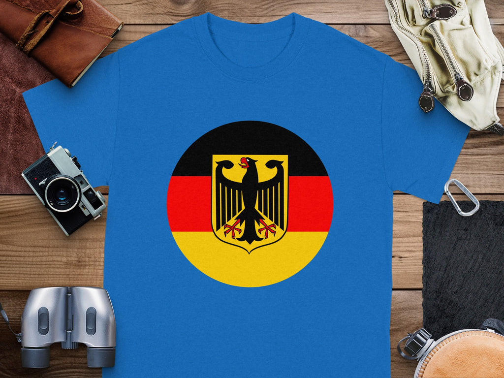 Blue t-shirt with circular German flag and eagle emblem.