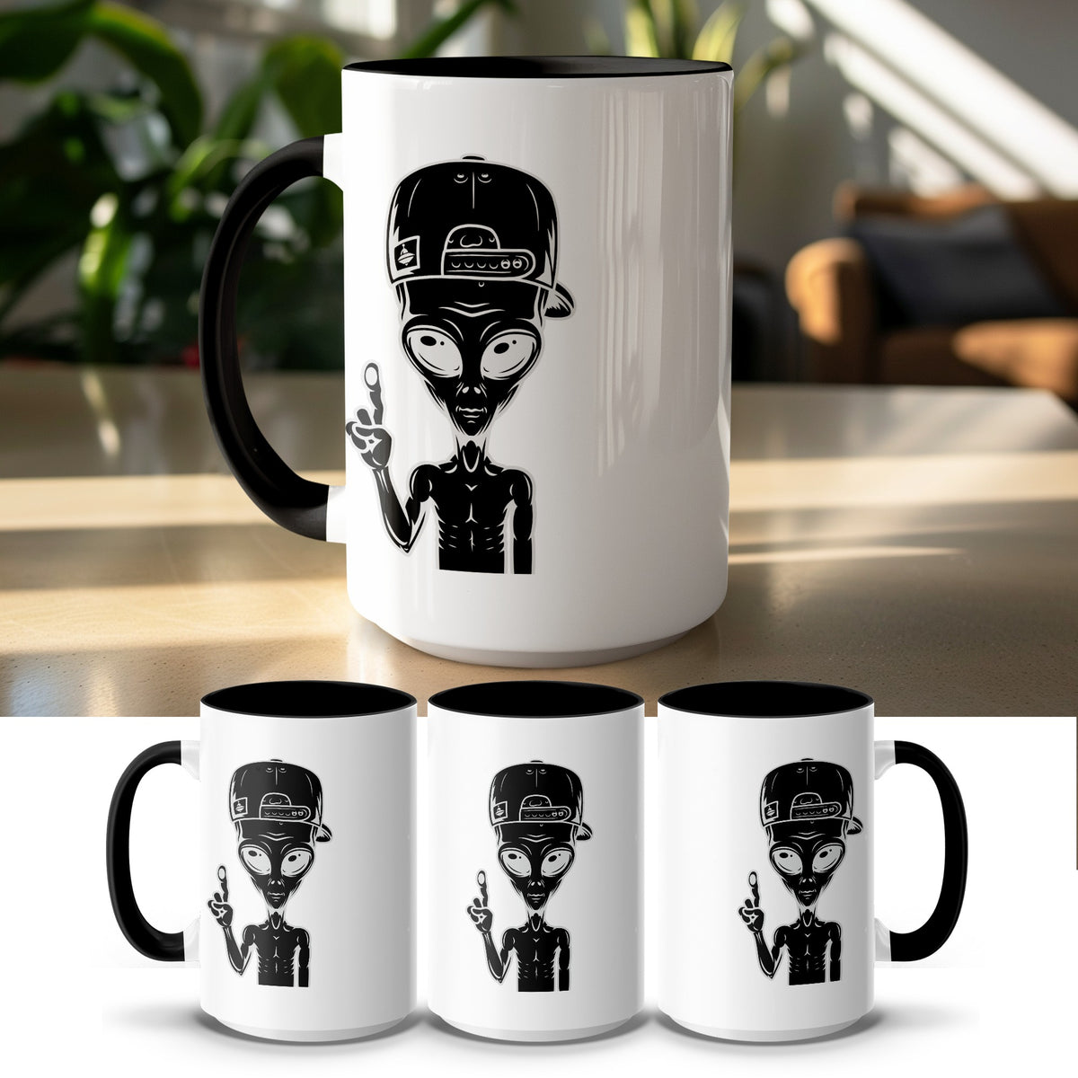 White mug with black interior and handle featuring a black alien with a backwards baseball cap.