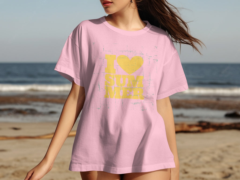 Pink t-shirt with yellow "I LOVE SUMMER" text and heart graphic.