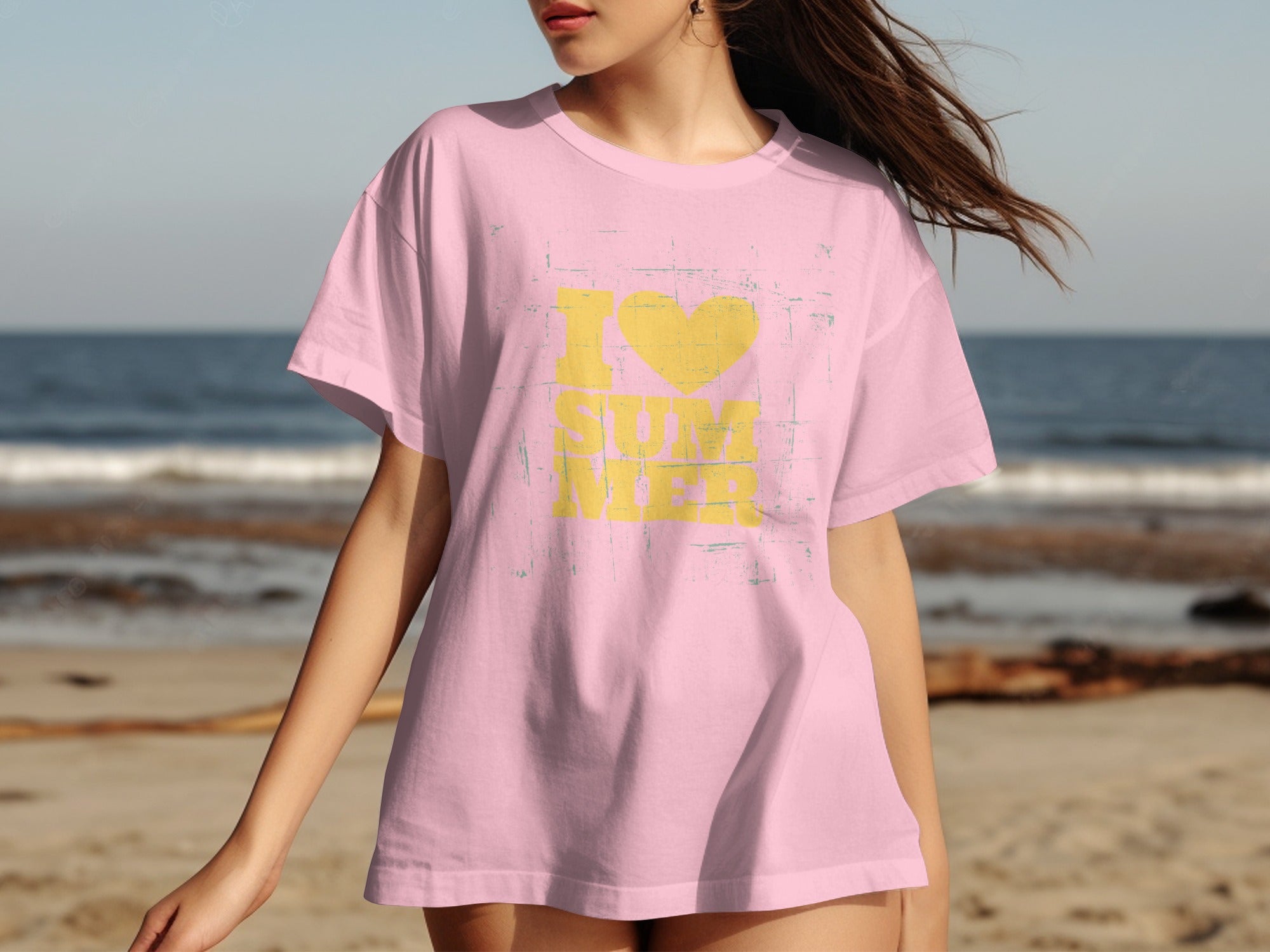 Pink t-shirt with yellow "I LOVE SUMMER" text and heart graphic.