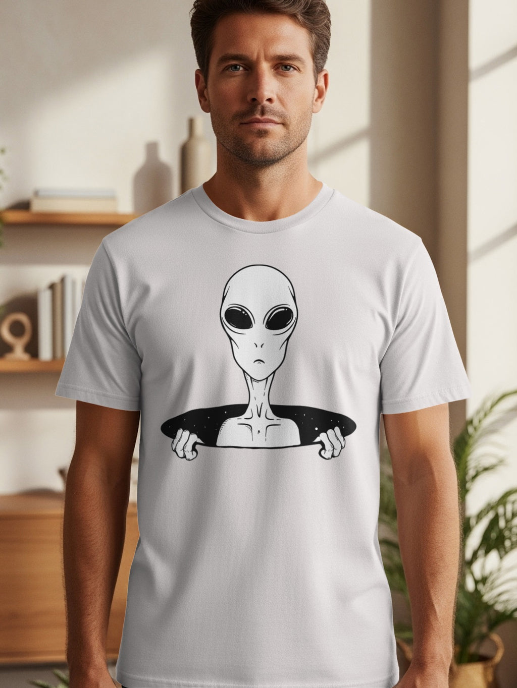Man wearing a grey t-shirt with a black and white alien design bursting through.