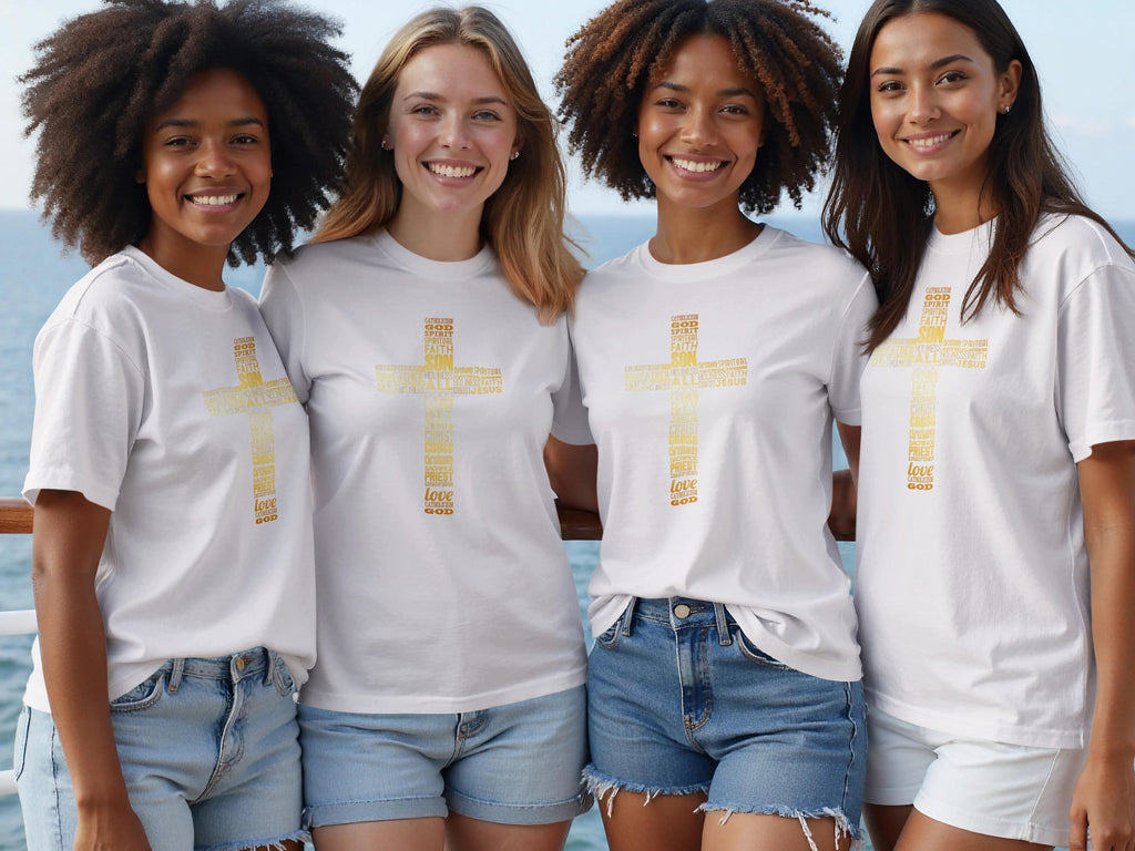 Four smiling women wear white t-shirts with a golden cross made of religious words.