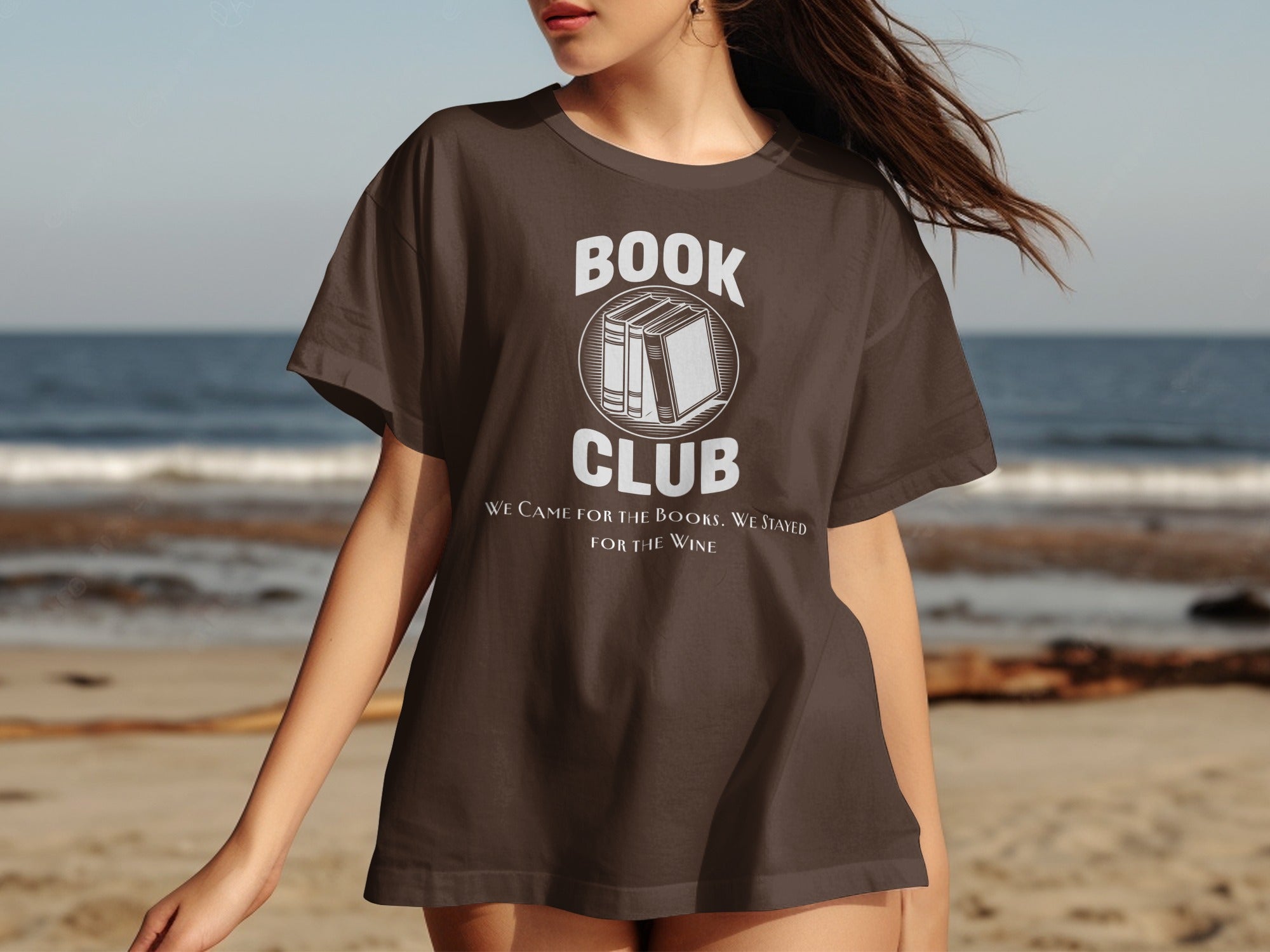 Brown t-shirt with white "Book Club" text and an emblem of stacked books.