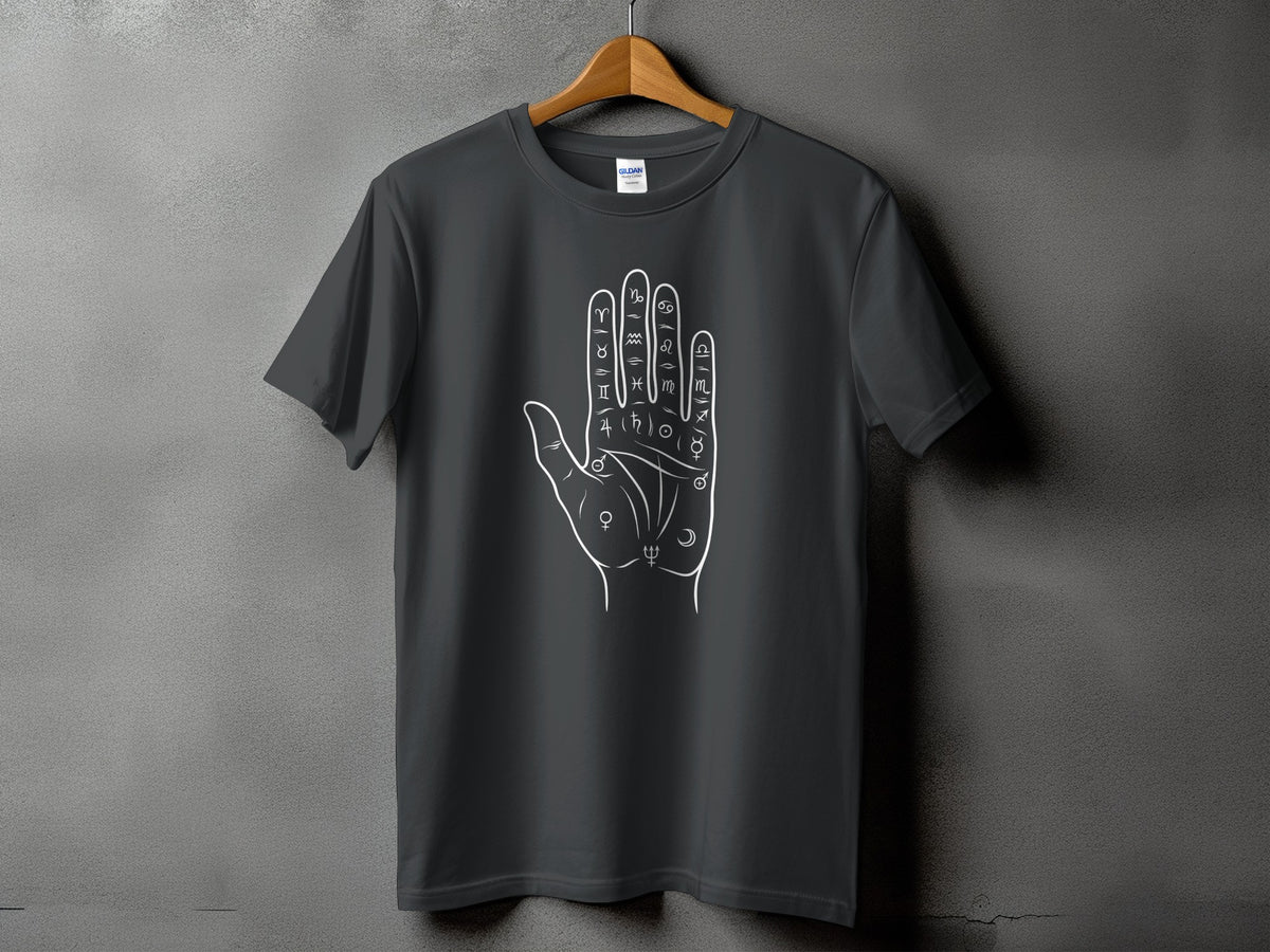 Dark grey t-shirt with a white line drawing of a hand with astrological symbols.