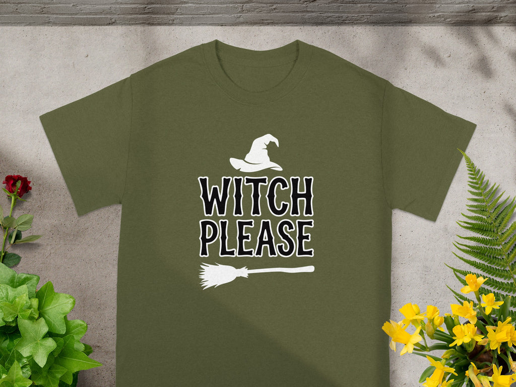 Olive green t-shirt with white witch hat, text "WITCH PLEASE", and broom graphic.