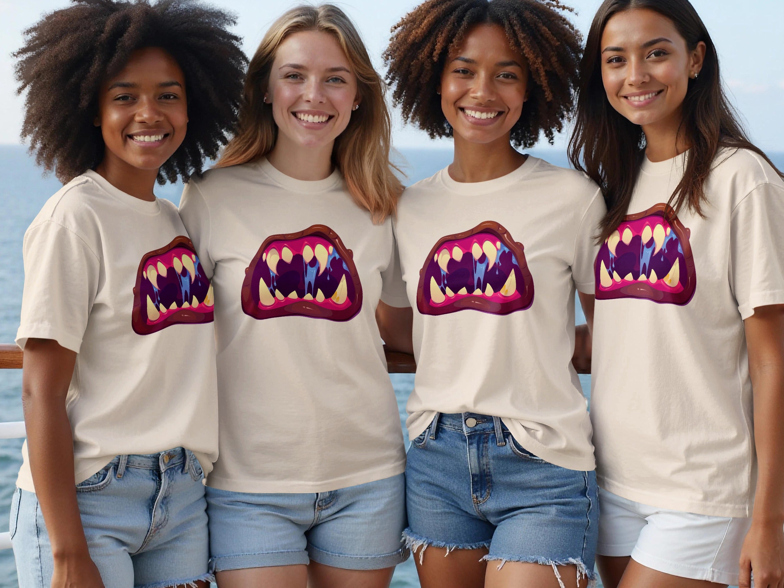 Four smiling women wearing beige t-shirts with a cartoon monster mouth graphic.