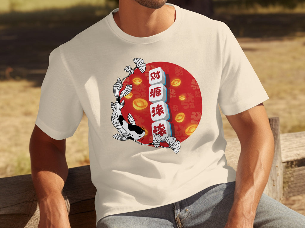 Cream t-shirt with a koi fish, mahjong tiles, and gold coins design.