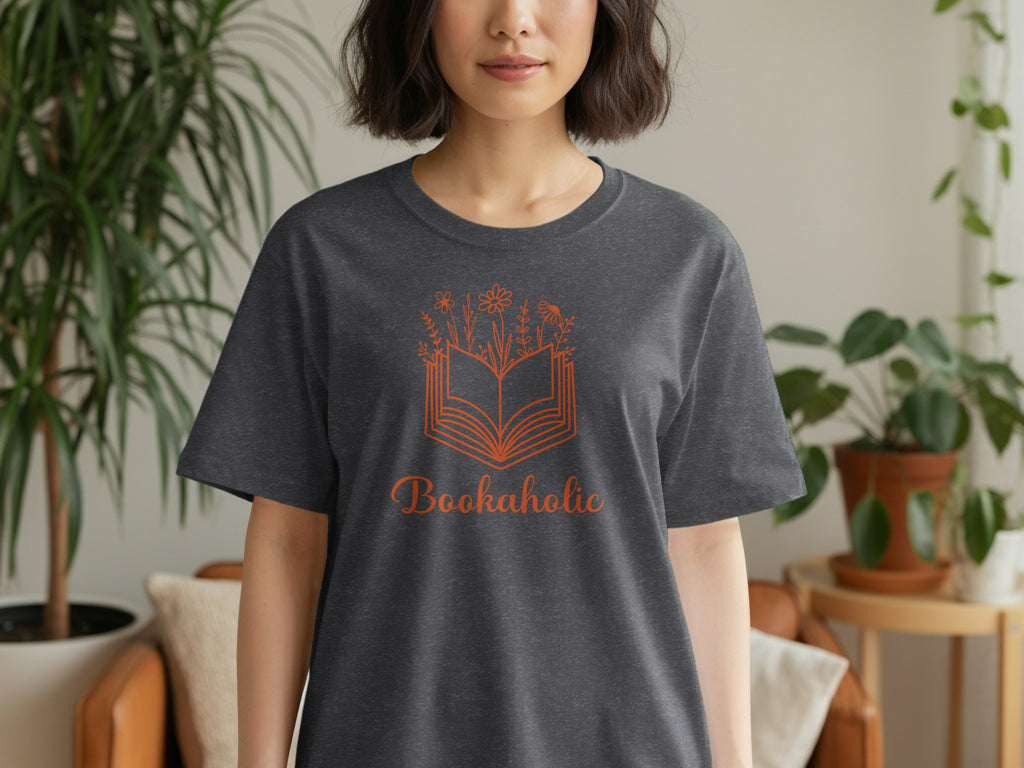 Dark grey t-shirt with an orange outline of an open book and flowers, and the word "Bookaholic".