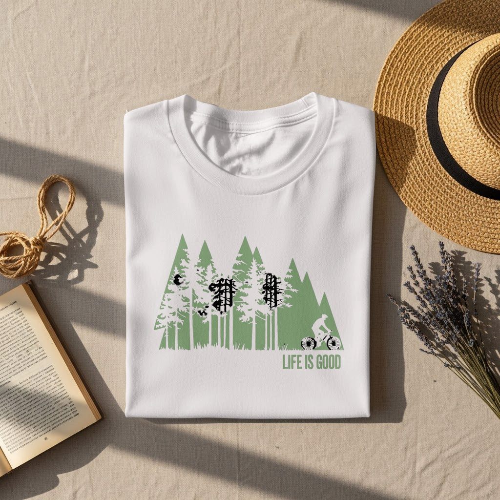 White t-shirt with green forest graphic and cyclist, text "LIFE IS GOOD".