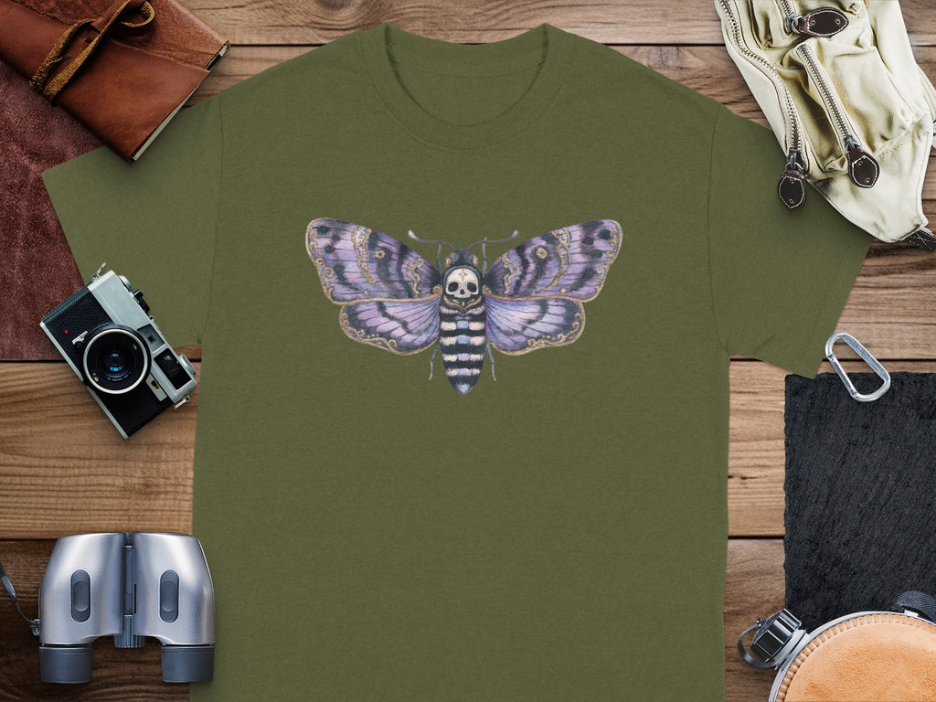 Green t-shirt with a death's-head hawkmoth graphic centered on chest.