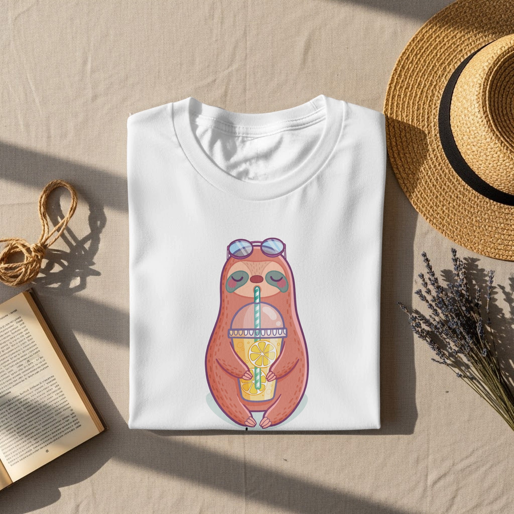 White t-shirt with a cartoon sloth wearing sunglasses holding a lemonade.