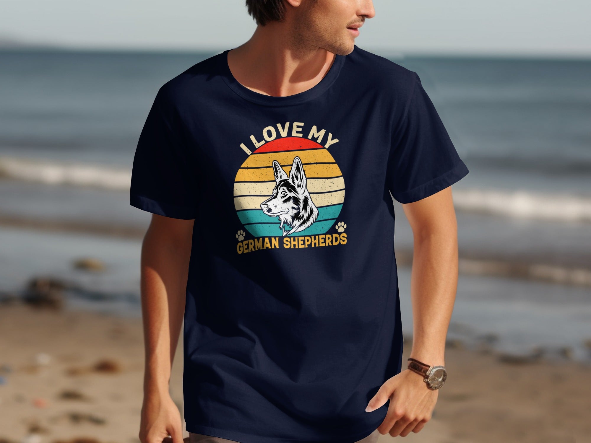 Navy t-shirt with "I Love My German Shepherds" text and vintage German Shepherd portrait.