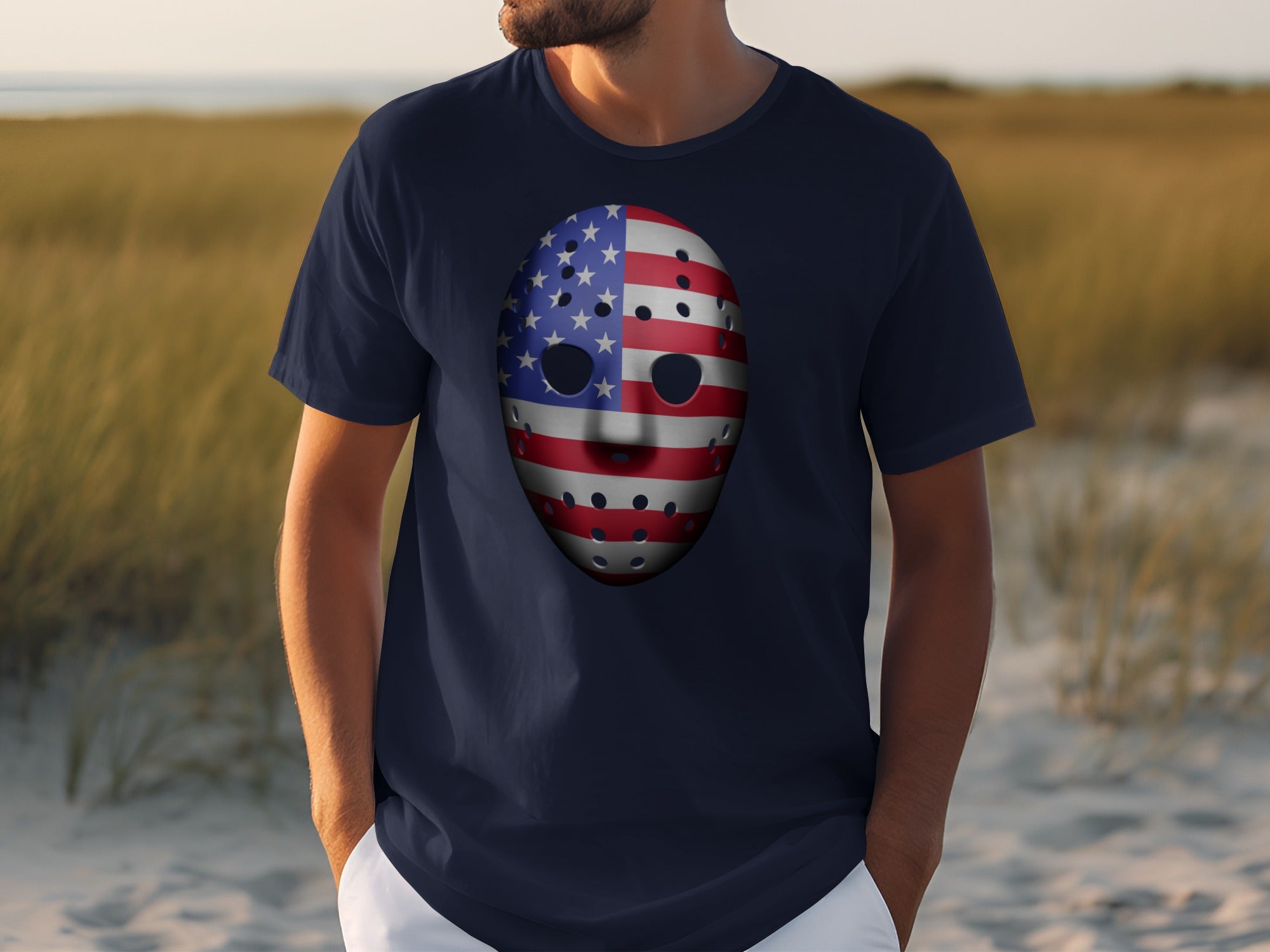 Navy t-shirt with American flag hockey mask graphic on chest.