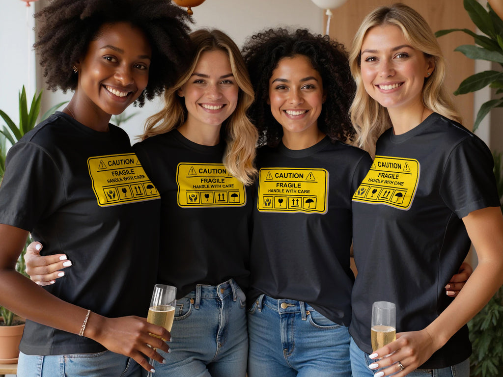 Four smiling women in black shirts with "CAUTION FRAGILE HANDLE WITH CARE" yellow labels.