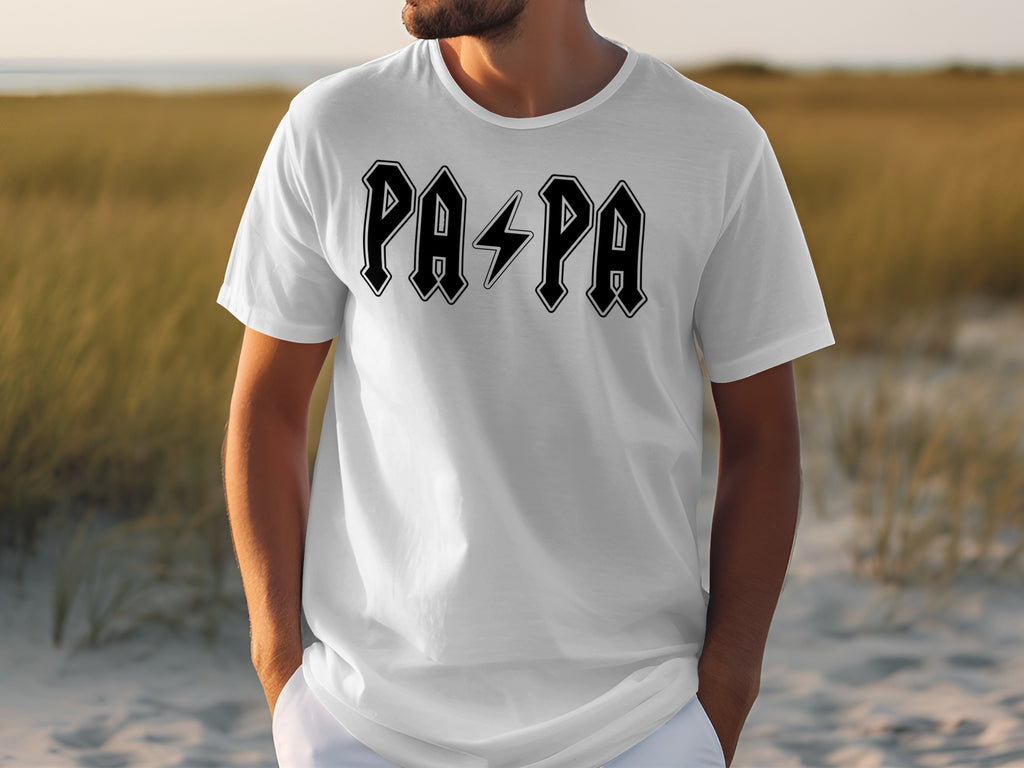 White t-shirt with black "PAPA" text and lightning bolt design.