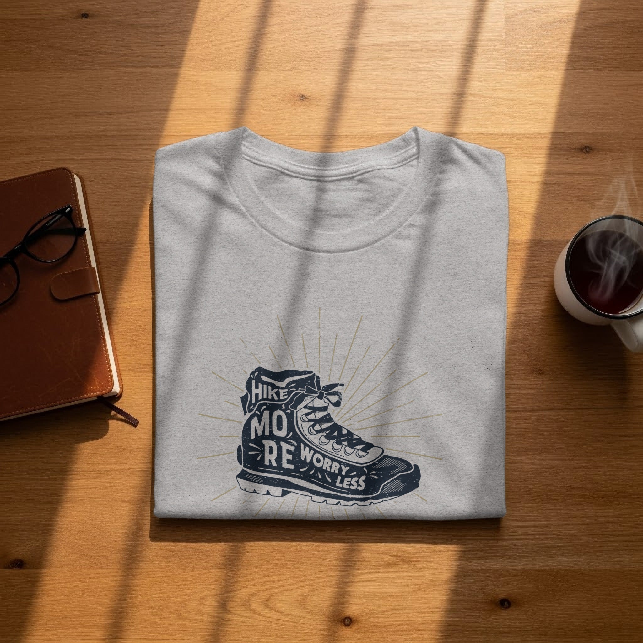 Grey t-shirt with navy boot graphic that says "Hike More Worry Less".
