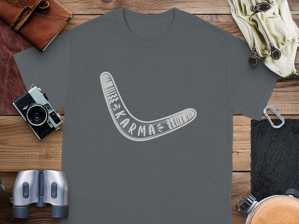 Dark gray t-shirt with white boomerang graphic and the word "Karma".