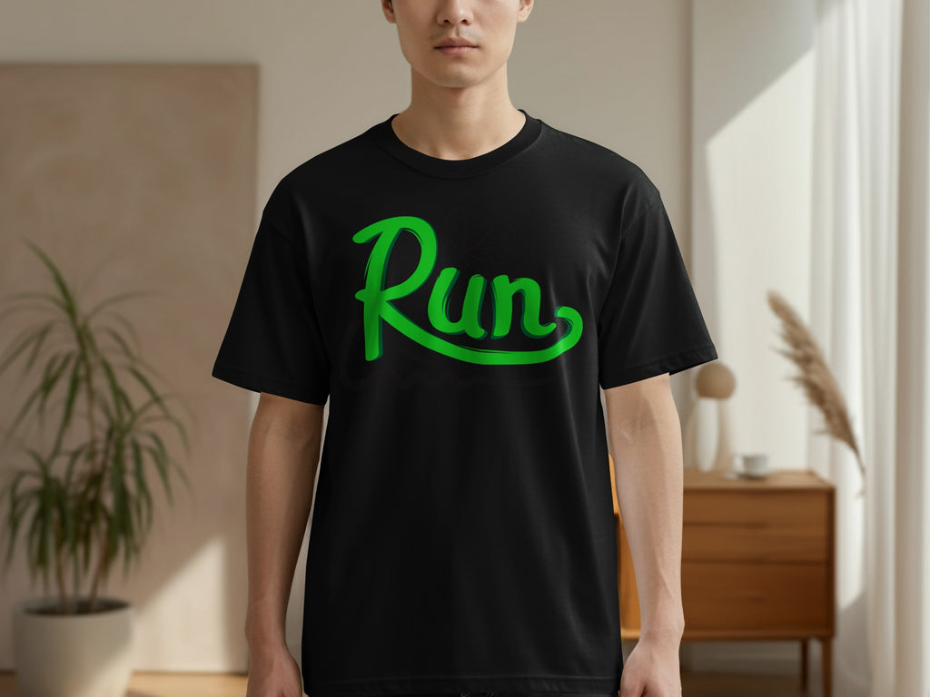 Black t-shirt with the word "Run" in green cursive font.