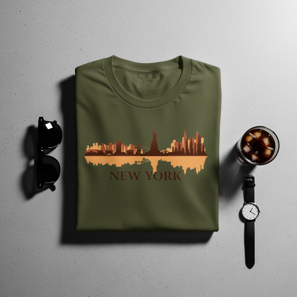 Green t-shirt with a New York City skyline and reflection graphic and text.
