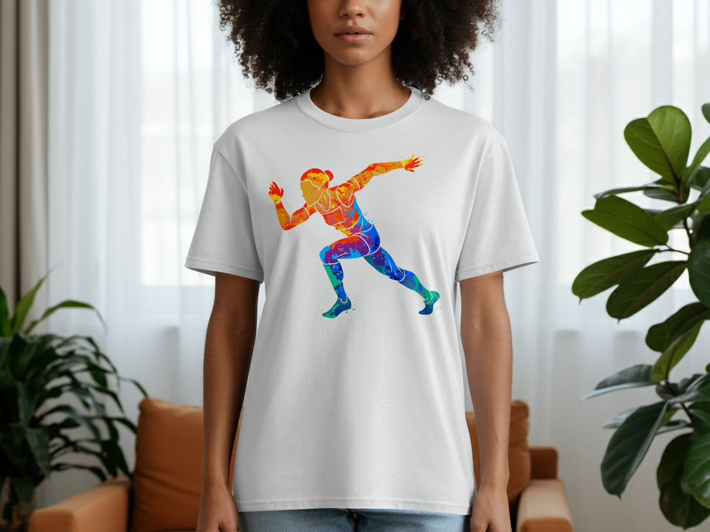 White t-shirt features a runner graphic in colorful watercolor style.