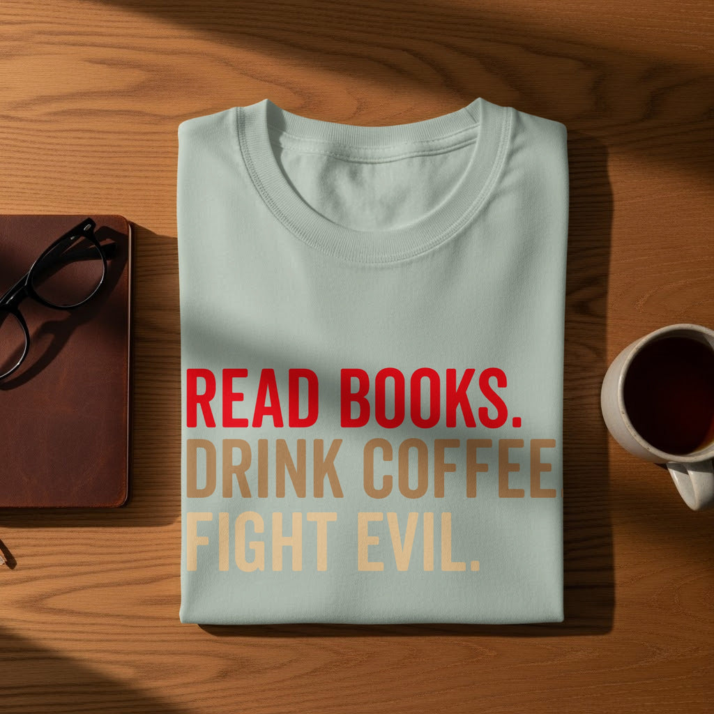 Light blue t-shirt with red and tan text: READ BOOKS. DRINK COFFEE. FIGHT EVIL.