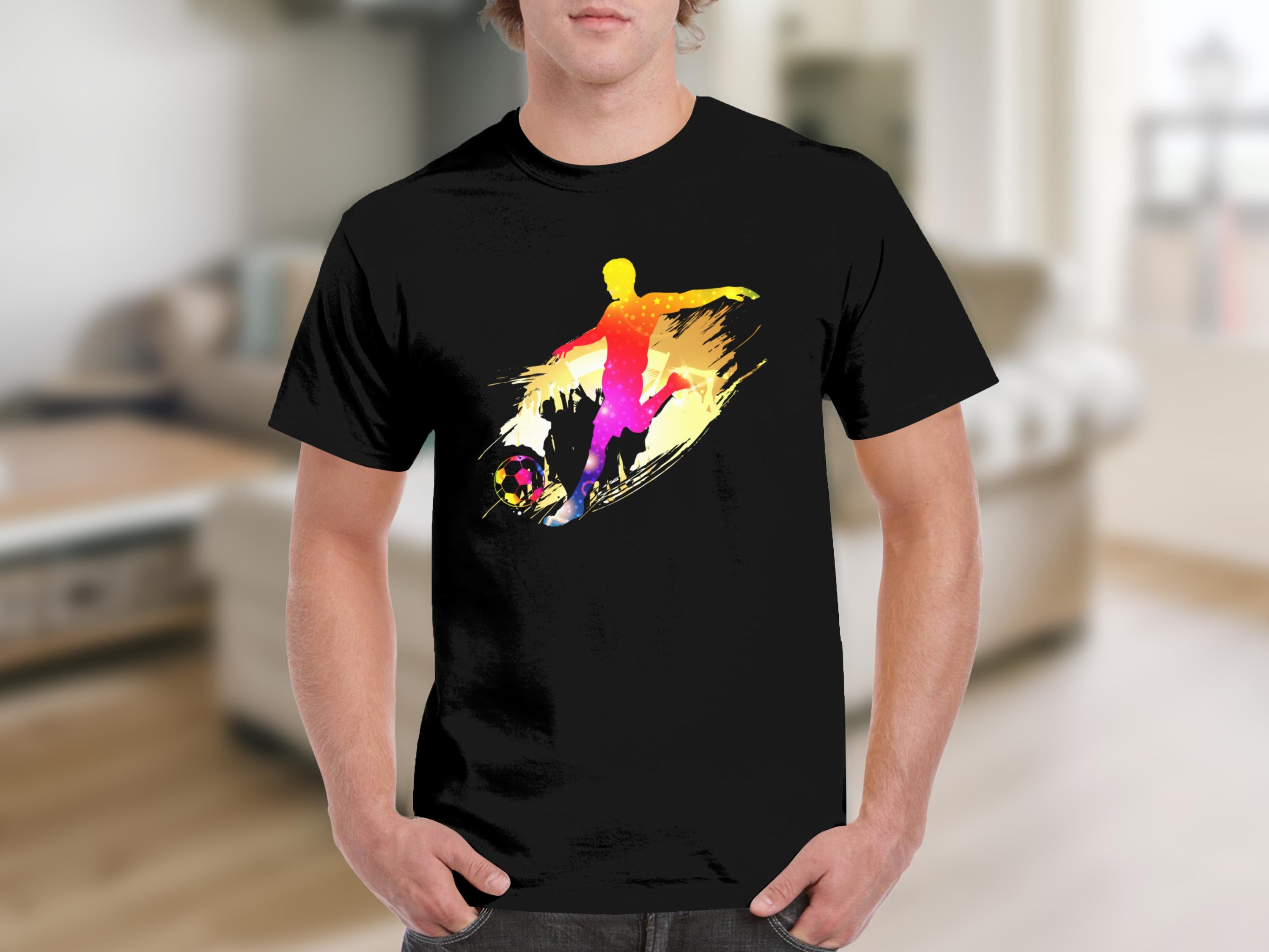 Black t-shirt with colorful soccer player graphic and abstract brush strokes.