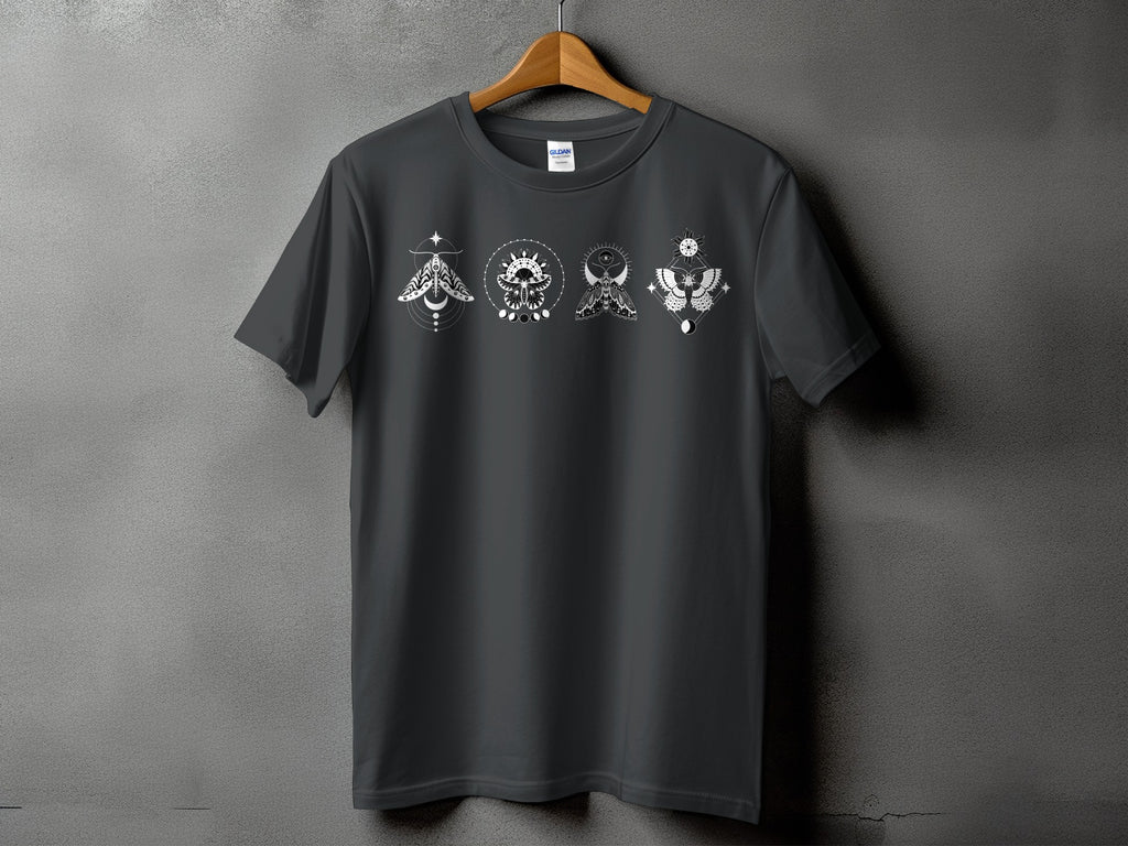 Dark grey t-shirt with four stylized celestial moths and moon phases.