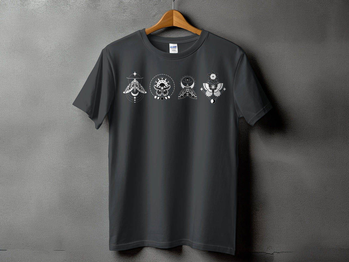 Dark grey t-shirt with four stylized celestial moths and moon phases.