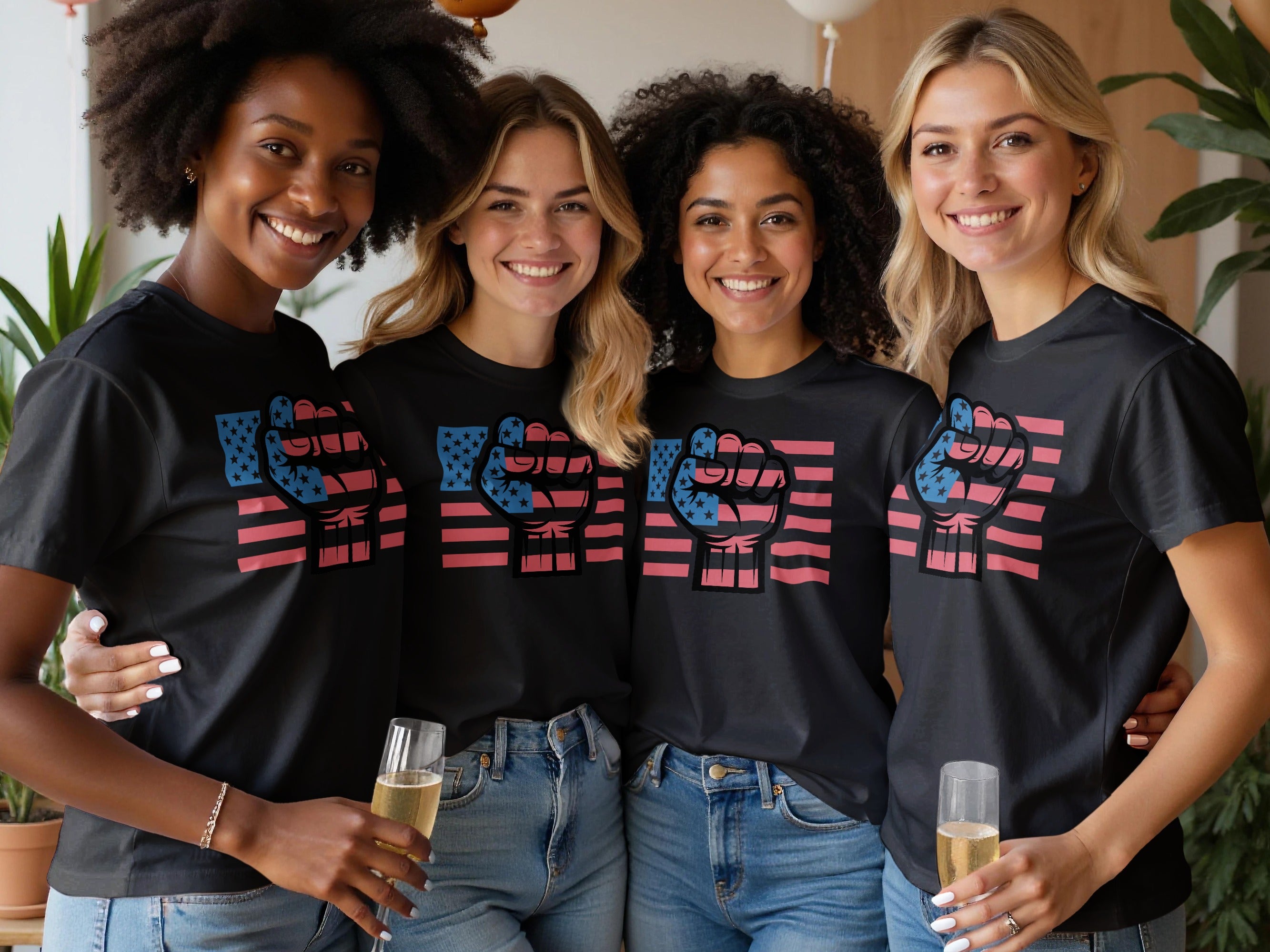Four friends in black t-shirts with American flag fist graphic smile and hold champagne.