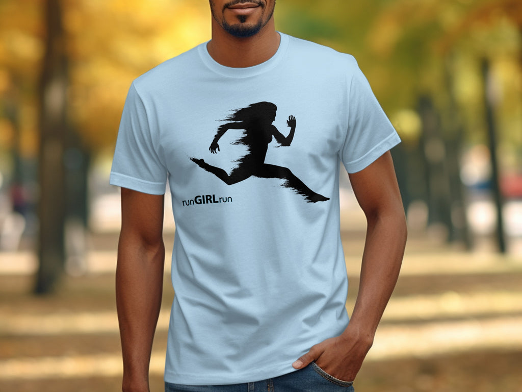 Light blue t-shirt with black graphic of a running woman and text "runGIRLrun".