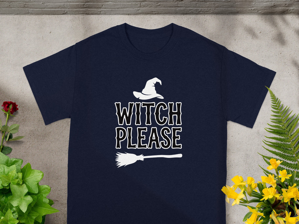 Navy t-shirt with "WITCH PLEASE" text, witch hat, and broom graphic.