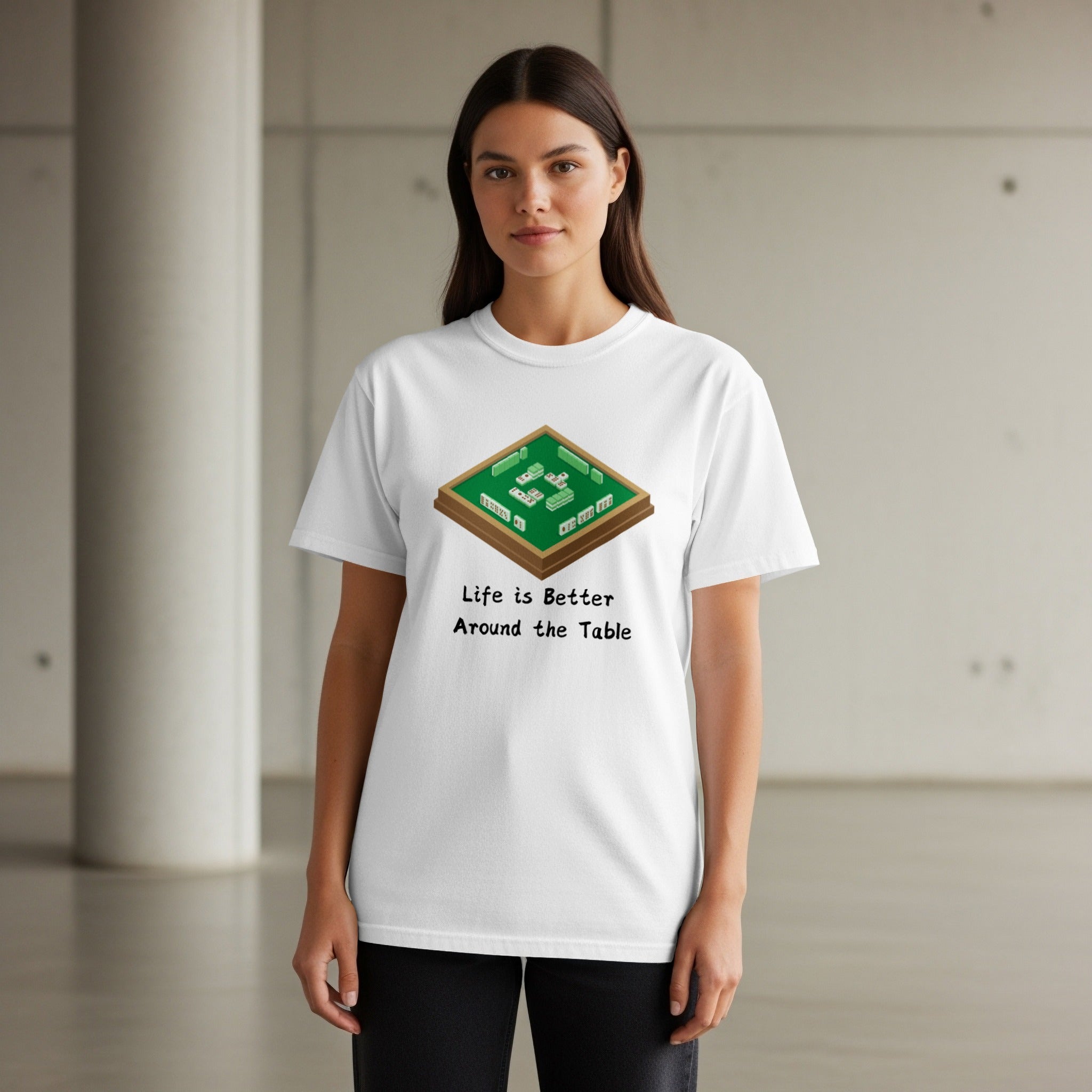 White t-shirt with mahjong tile graphic and text "Life is Better Around the Table".