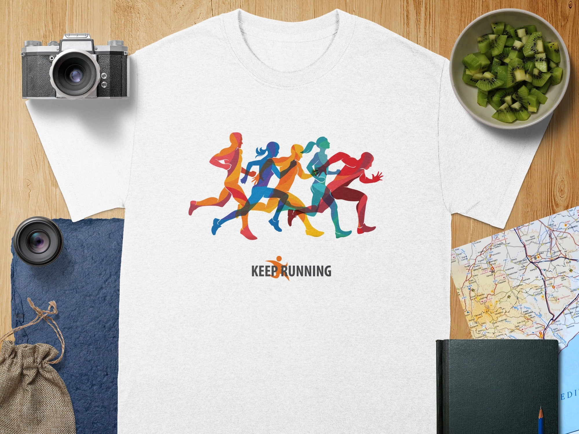 White t-shirt with colorful running figures and "KEEP RUNNING" text.
