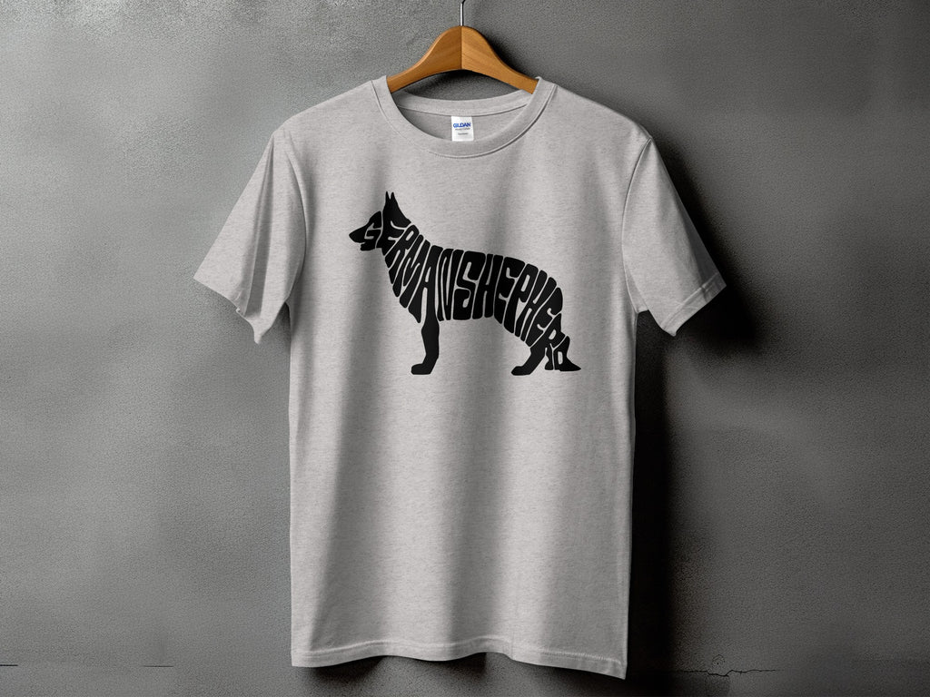 Light heather gray t-shirt with black German Shepherd silhouette formed by word art.