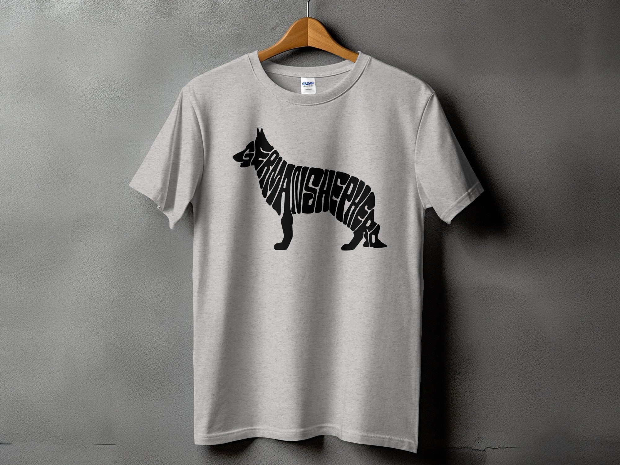 Light heather gray t-shirt with black German Shepherd silhouette formed by word art.