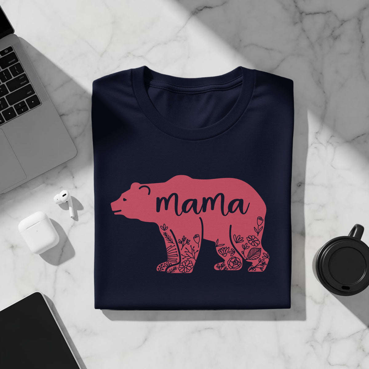 Navy t-shirt with pink floral bear and "mama" text graphic.