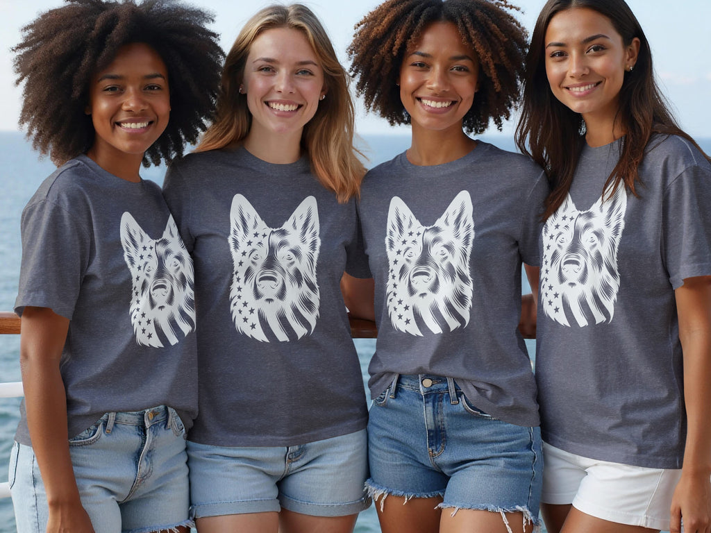 Four smiling women wearing gray t-shirts with a white German Shepherd flag design.