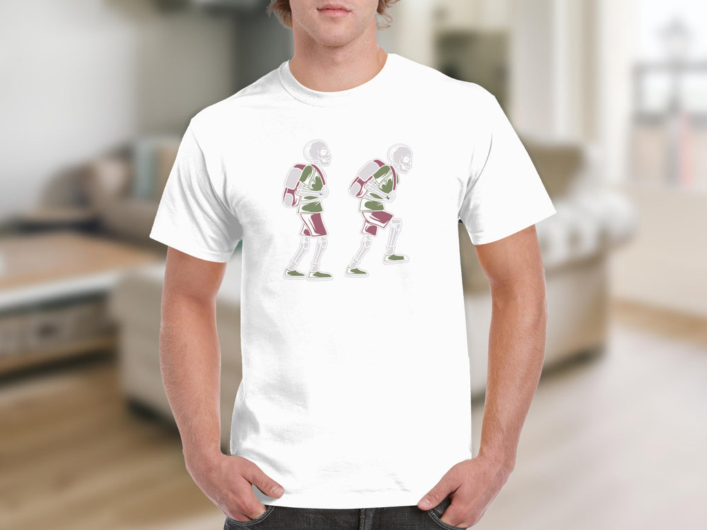 White t-shirt with a graphic of two skeletons in athletic wear walking.