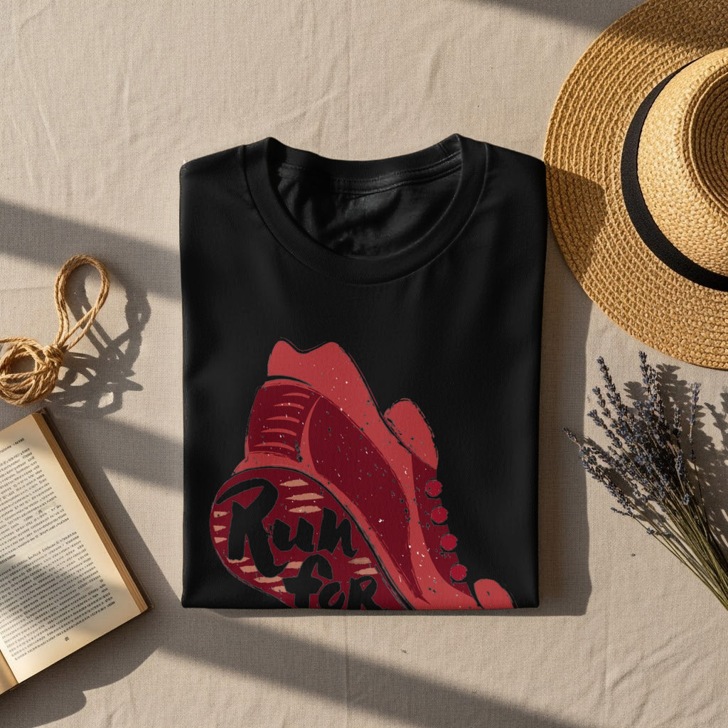 Black t-shirt with graphic of red shoe and text "Run for".