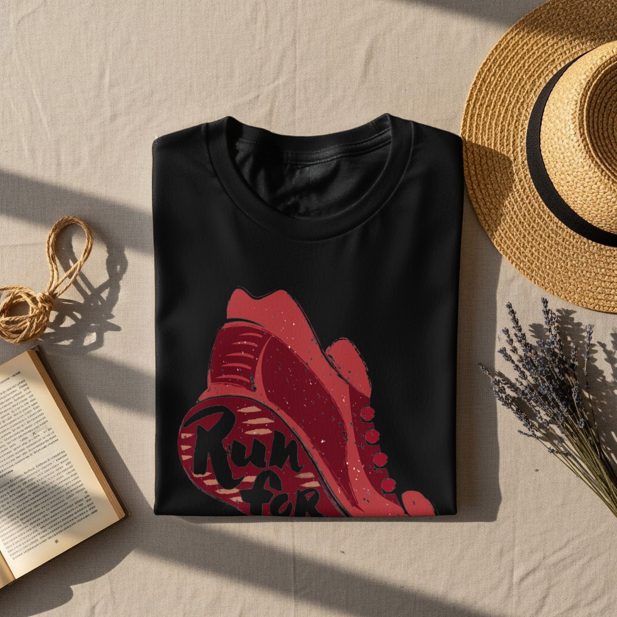 Black t-shirt with graphic of red shoe and text "Run for".